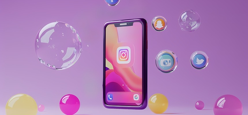 Iluminação 3D de estilo moderno com fundo roxo. No centro, um smartphone exibe o logótipo do Instagram, rodeado por bolhas de sabão transparentes e esferas coloridas que contêm ícones de redes sociais como Twitter e Snapchat, representando a natureza orgânica do conteúdo viral