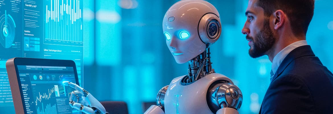 Um executivo de barba observa atentamente enquanto um robô humanoide, com olhos azuis brilhantes, usa a ponta dos dedos para interagir e analisar dados em tempo real numa tela de computador de última geração, rodeada por complexos gráficos e tabelas flutuantes num ambiente azul tecnológico