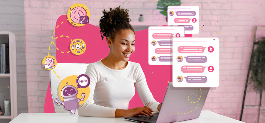 Utilizadora a interagir com chatbot e plataformas digitais no contexto de relacionamento no marketing digital e experiência do cliente