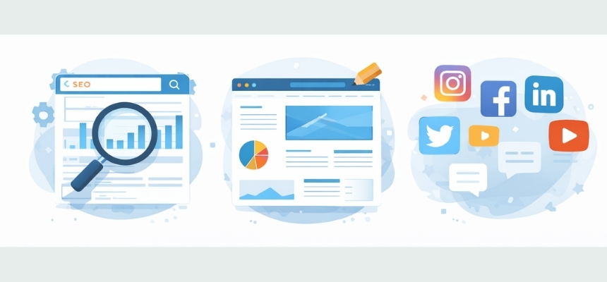 Principais canais do marketing digital, como SEO, websites e redes sociais