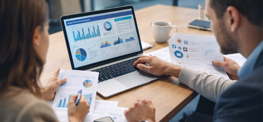 Equipa a analisar dados e métricas no marketing digital