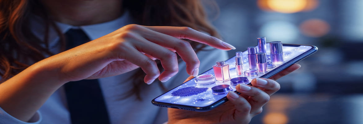 Mão de uma mulher a tocar no ecrã de um smartphone que projeta, em três dimensões e com iluminação futurista azul e roxa, uma coleção de produtos cosméticos incluindo frascos de perfume, verniz, creme e pó  simulando uma experiência de compra virtual de beleza.