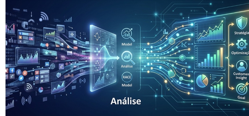 Esta ilustração digital representa o ecossistema de análise de dados exibindo um fluxo contínuo que transforma um volume caótico de informações de redes sociais e sinais de rede, à esquerda, em insights estruturados e metas estratégicas (como otimização e experiência do cliente) à direita, utilizando uma estética futurista baseada em tons de azul neon e gráficos de alta tecnologia.