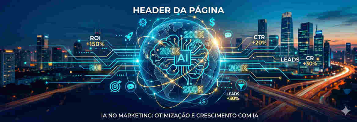 Infográfico de IA no Marketing, com cérebro digital central e métricas de crescimento (ROI e Leads) sobre uma cidade noturna.