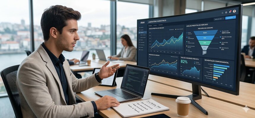 Estudante de marketing a analisar métricas preditivas e taxas de conversão num monitor de grandes dimensões