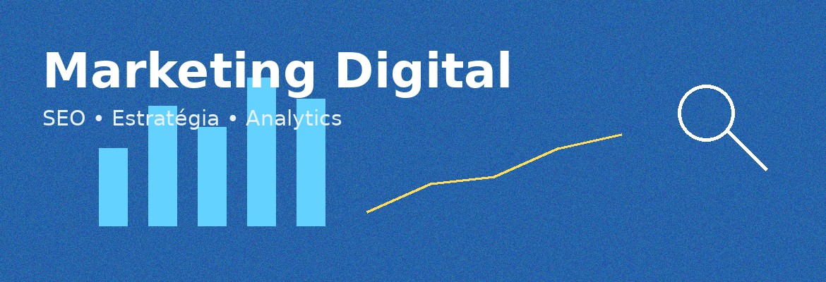 Banner de marketing digital com gráficos de análise, SEO e elementos visuais de estratégia online.