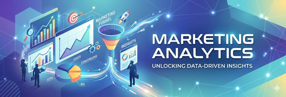 Ilustração digital sobre marketing analytics mostrando dashboards com gráficos de crescimento, funil de marketing e indicadores como leads, conversões e ROI.
