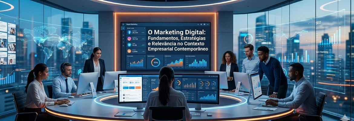 Equipa de profissionais em reunião numa sala moderna a analisar dados e estratégias de marketing digital apresentados em ecrãs com gráficos, métricas e indicadores de desempenho.