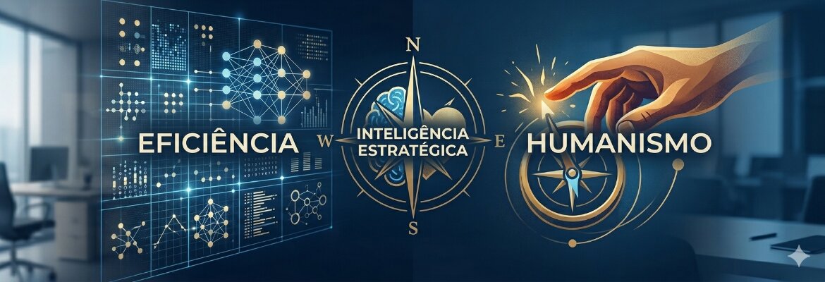 Infográfico conceptual sobre IA no Marketing com uma bússola digital central unindo uma rede neuronal tecnológica ao toque humano, com os textos 'Eficiência', 'Humanismo' e 'Inteligência Estratégica' em português."