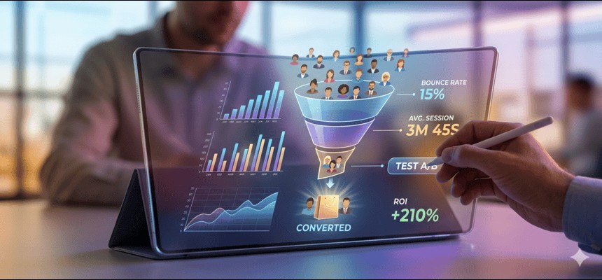 Imagem de um funil de conversão digital com indicadores como taxa de rejeição, tempo de sessão e retorno sobre investimento, ilustrando a análise de desempenho das estratégias de marketing digital.