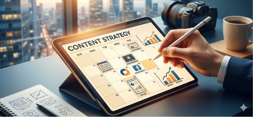 Imagem de um calendário editorial digital num tablet, representando o planeamento e organização de conteúdos no âmbito de uma estratégia de marketing digital.