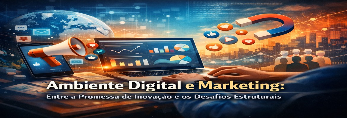 Ilustração digital representando o ambiente de marketing digital, com um computador portátil a exibir gráficos analíticos, um smartphone com ícones de redes sociais, um megafone simbolizando comunicação e um íman a atrair interações. Ao fundo, observa-se um globo digital e uma cidade futurista, ilustrando a conectividade global e o impacto dos canais digitais na estratégia de marketing.