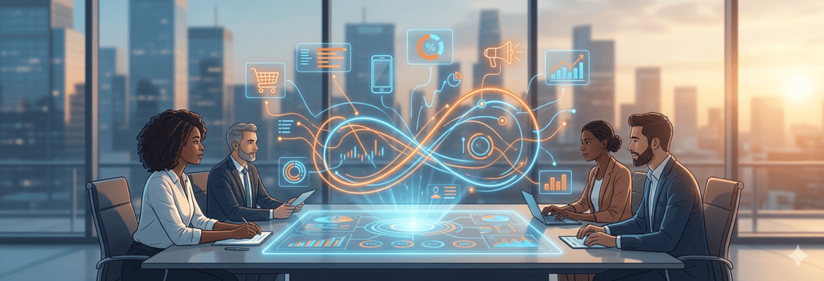 Equipa de profissionais a analisar dados e indicadores de desempenho numa mesa digital interativa, representando o planeamento de uma estratégia de marketing digital baseada em análise de dados.  A imagem ilustra a colaboração estratégica entre profissionais para otimizar campanhas digitais, utilizando métricas, gráficos e ferramentas tecnológicas para melhorar resultados e tomada de decisões.