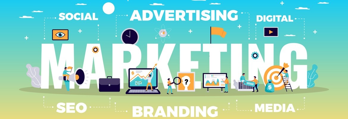 Imagem ilustrativa de marketing digital com a palavra “MARKETING” em destaque ao centro, rodeada por elementos visuais associados a estratégias digitais, como SEO, branding, redes sociais e publicidade. Inclui figuras humanas a interagir com gráficos, computadores e ícones digitais, simbolizando análise de dados, criação de conteúdo e promoção online, num ambiente moderno e tecnológico com cores suaves e gradiente de fundo.