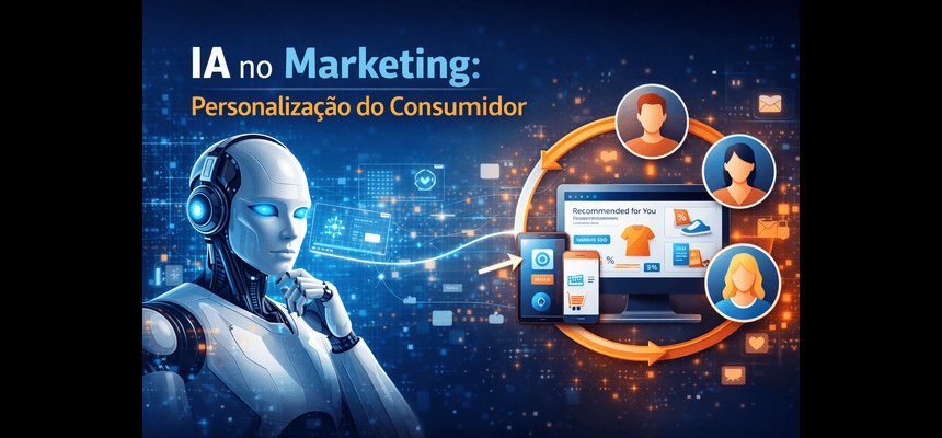 Robô de IA diante de perfis de clientes digitais, ajustando ofertas e interações personalizadas, destacando segmentação, personalização e análise do comportamento do consumidor.