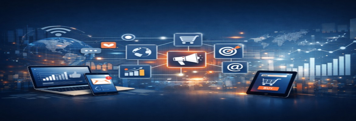Imagem de caráter tecnológico e corporativo que representa a integração de canais digitais no marketing. Ao centro, um ícone de megafone simboliza a comunicação, ligado por linhas a vários elementos gráficos, como um carrinho de compras, um alvo, um globo, um símbolo de email e gráficos de desempenho. Em primeiro plano, encontram-se dispositivos digitais — computador portátil, smartphone e tablet — que exibem dados analíticos e funcionalidades de comércio eletrónico. O fundo apresenta um ambiente urbano estilizado com gráficos de crescimento e um mapa-mundo digital, reforçando a ideia de conectividade global e análise de dados em contexto empresarial.