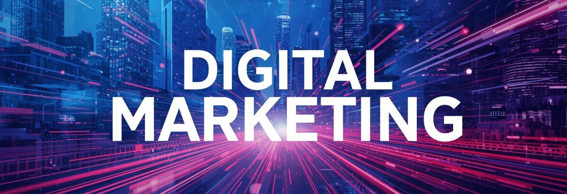 Imagem com o texto “Digital Marketing” ao centro, sobre um fundo urbano futurista com luzes, linhas dinâmicas e efeitos de movimento que simbolizam velocidade, tecnologia e comunicação digital.