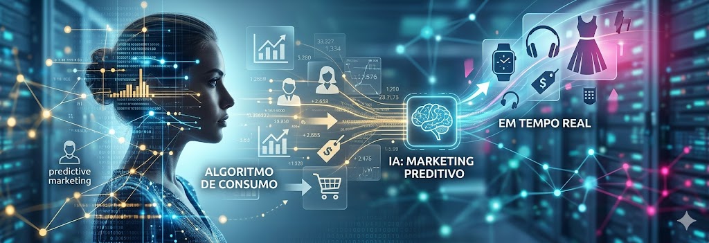 Representação visual de marketing preditivo com perfil feminino, fluxos de dados digitais e ícones de consumo em tempo real.