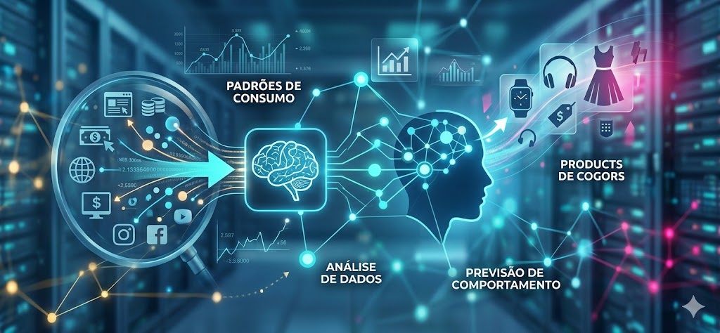 Infográfico digital sobre marketing preditivo mostrando a análise de padrões de consumo, big data e previsão de comportamento através de uma silhueta humana conectada a algoritmos.
