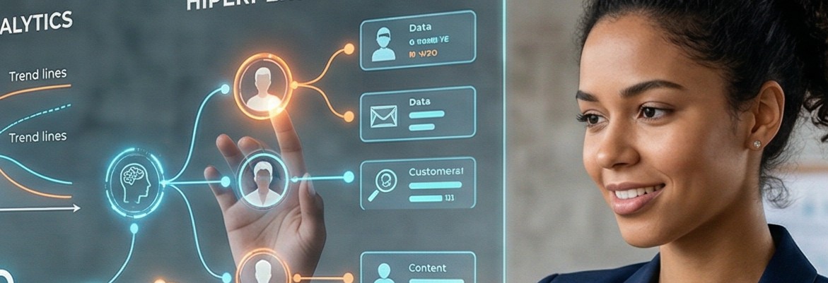 Um ecrã digital mapeia a jornada do consumidor, conectando perfis individuais a algoritmos de recomendação e aprendizagem automática.