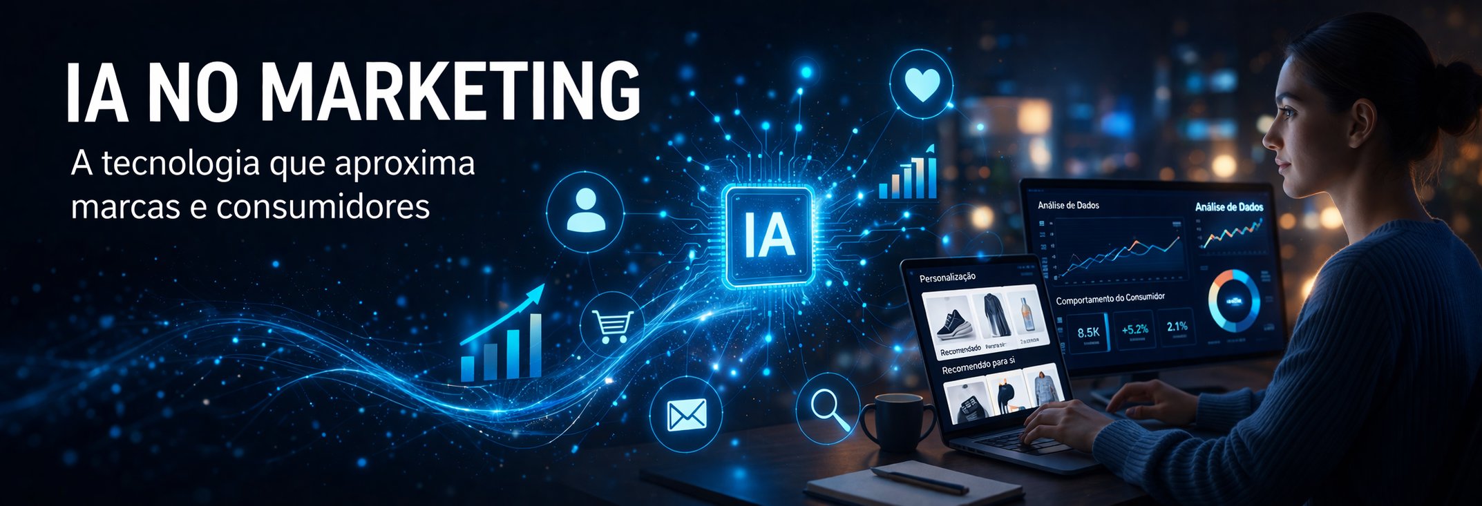 Ilustração digital sobre inteligência artificial no marketing, com elementos visuais de análise de dados, personalização e automação, representando a ligação entre marcas e consumidores através da tecnologia.
