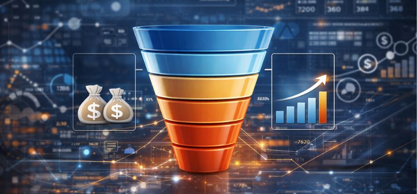 Funil de conversão em marketing analytics com visualização de métricas de desempenho, crescimento de receita e análise de dados