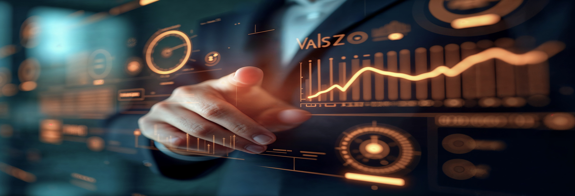 Uma mão interage com uma interface digital futurista que mostra gráficos de barras, linhas de tendência e indicadores de desempenho, num ambiente de negócios tecnológico.