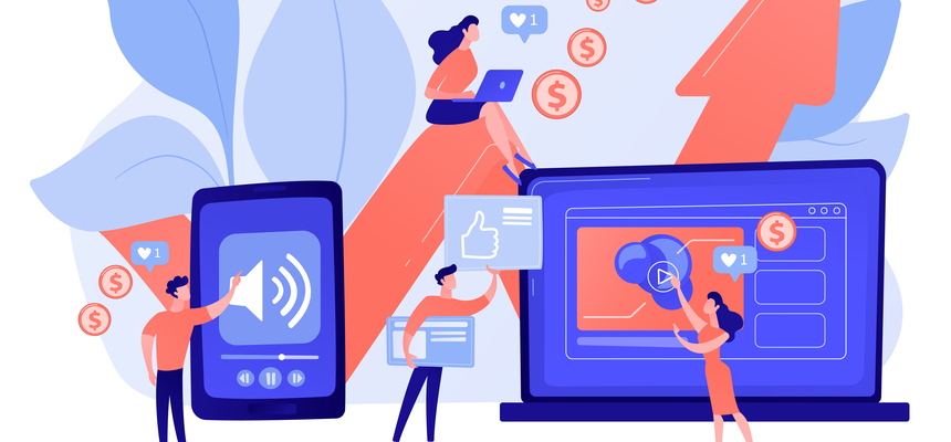 Ilustração de marketing digital com criação de conteúdo, interação nas redes sociais e crescimento online representado por dispositivos, ícones de engagement e setas ascendentes