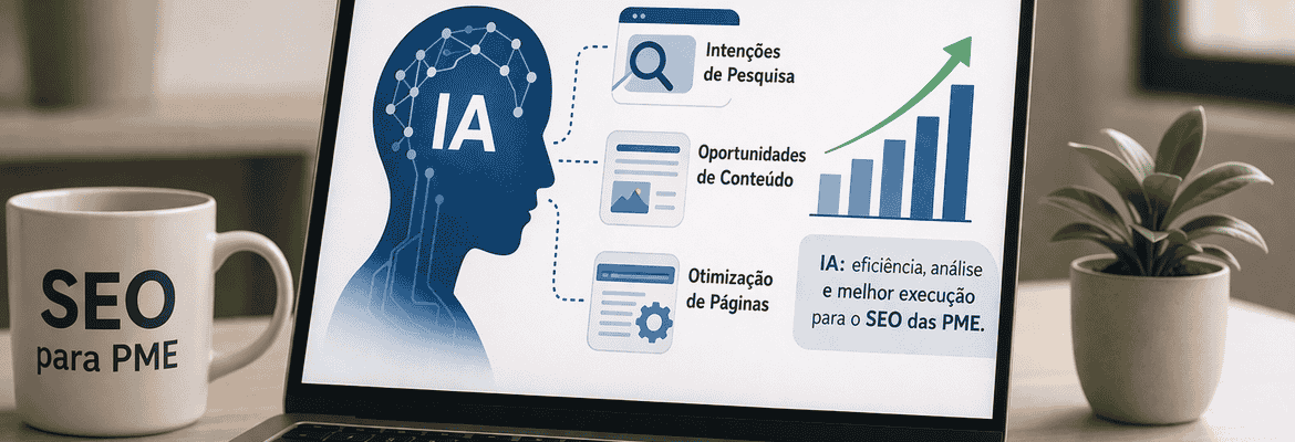 Imagem de um portátil com um gráfico sobre inteligência artificial e SEO para PME, que mostra intenções de pesquisa, oportunidades de conteúdo e otimização de páginas.