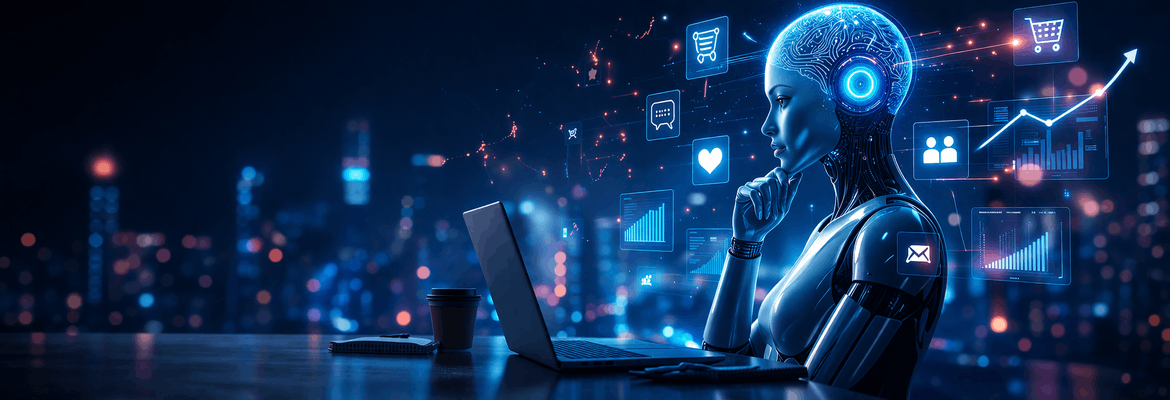 Imagem de um robô a interagir com um computador portátil.