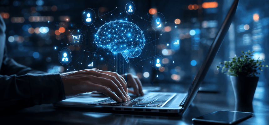 Mãos a utilizar um computador portátil com uma representação digital de um cérebro, simbolizando a aplicação da Inteligência Artificial na análise de dados.