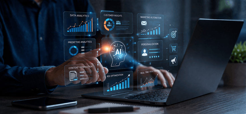 Interface digital com dados e gráficos projetados sobre um computador portátil, representando a utilização da IA na otimização de estratégias de marketing.
