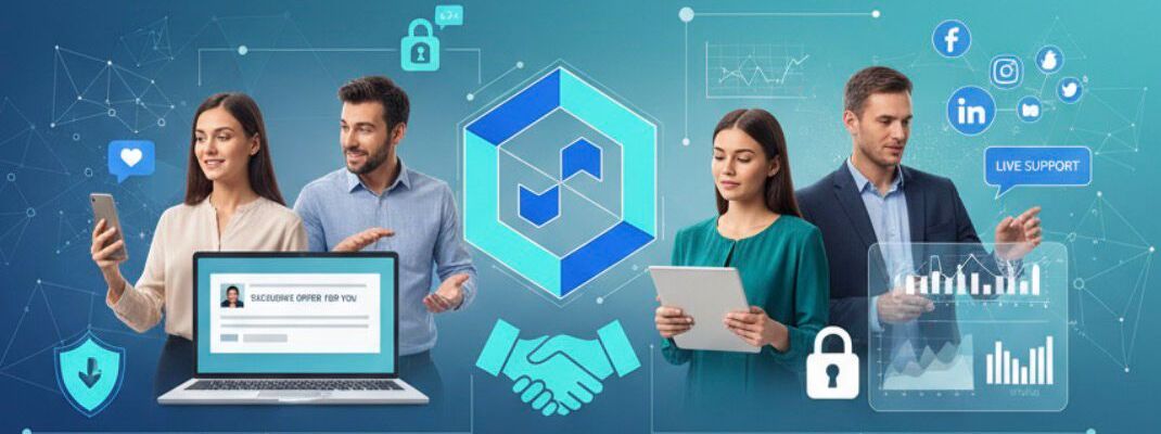 Imagem de capa que representa o relacionamento com o cliente no contexto do marketing moderno. Observam-se profissionais utilizando diferentes dispositivos digitais, como smartphone, notebook e tablet, em meio a elementos gráficos que remetem às redes sociais, à análise de dados, à segurança da informação e à comunicação digital. A composição visual evidencia a centralidade das tecnologias na mediação das interações entre empresas e consumidores, ressaltando a importância de estratégias voltadas à personalização, ao engajamento e à construção de relações de confiança no ambiente contemporâneo.