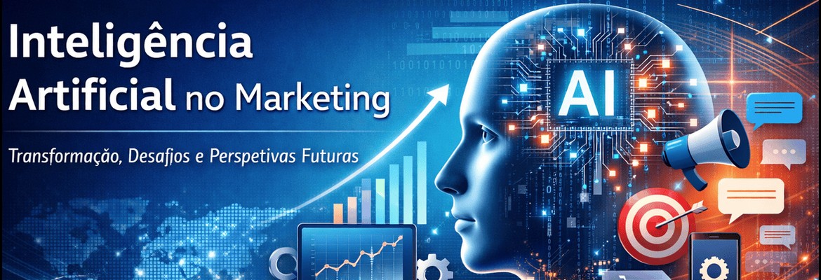 Ilustração de Inteligência Artificial aplicada ao marketing, com elementos digitais e tecnológicos que representam análise de dados, automação e estratégias digitais