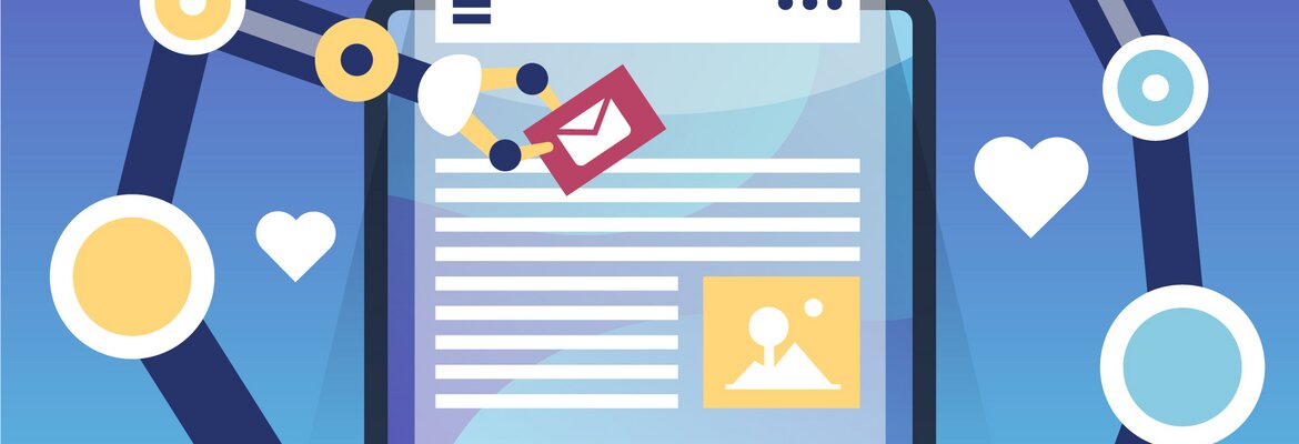 Ilustração digital de um tablet com conteúdo de marketing, manipulada por braços robóticos, representando o uso de inteligência artificial na automação e gestão de conteúdos digitais.