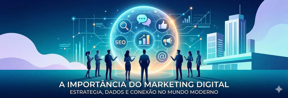 Banner horizontal ilustrativo e tecnológico, apresentando um grupo de profissionais em um ambiente urbano e digital. O centro da imagem é ocupado por uma grande esfera global brilhante, que serve como núcleo para vários ícones flutuantes representando conceitos de marketing digital: uma lupa, balões de fala, um polegar para cima, um alto-falante, um gráfico de crescimento, a palavra "SEO" e um símbolo @. Abaixo da esfera, oito figuras profissionais em trajes de negócios (cinco homens e três mulheres) estão de pé em um semicírculo, olhando e analisando a esfera. O cenário de fundo inclui um grande edifício de escritórios moderno e futurista e formações de nuvens dramáticas. Na parte inferior da imagem, há um texto em português brasileiro: "A IMPORTÂNCIA DO MARKETING DIGITAL", e abaixo, em fonte menor, "ESTRATEGIA, DADOS E CONEXÃO NO MUNDO MODERNO". A paleta de cores é dominada por tons de azul cobalto, turquesa, roxo e dourado, criando uma atmosfera tecnológica e otimista.