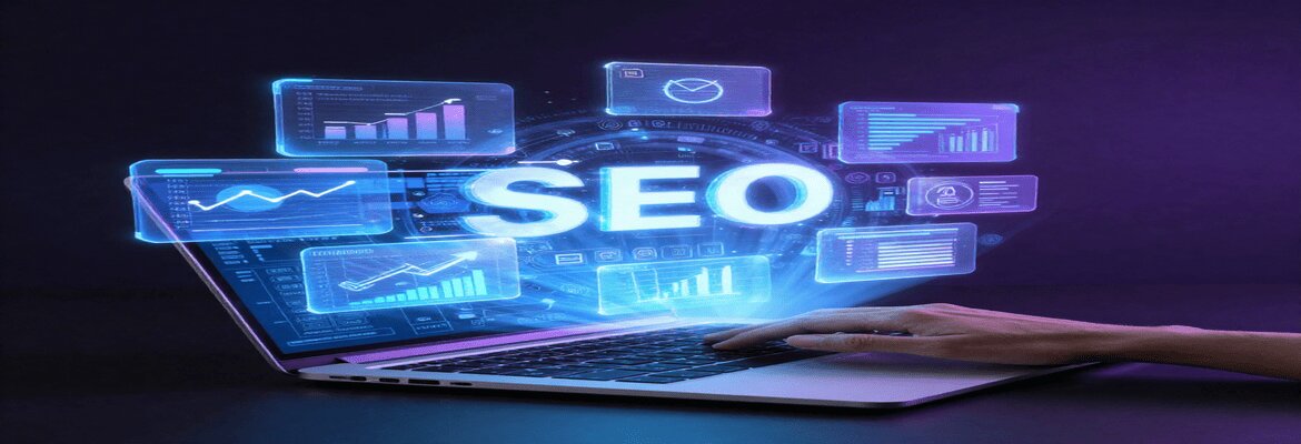 Profissional a utilizar um laptop com painéis holográficos flutuantes a exibir gráficos de SEO, métricas de analytics e dados de desempenho digital, em ambiente com iluminação neon azul e roxo.