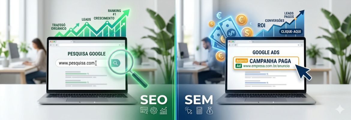 Imagem realista simples dividida em duas partes: à esquerda, SEO com um computador mostrando uma barra de pesquisa, lupa e gráfico a subir em tons de verde; à direita, SEM com um computador mostrando um anúncio marcado como 'Ad', cursor e símbolo de dinheiro em tons de azul. Fundo claro, estilo moderno e limpo, formato horizontal.