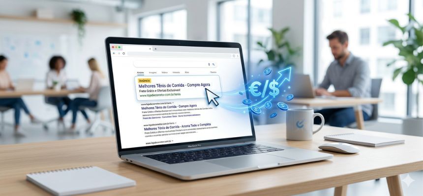 Imagem realista simples de SEM mostrando um computador com um anúncio online marcado como 'Ad', um cursor a clicar no anúncio e um símbolo de dinheiro, representando publicidade paga. Fundo claro, tons de azul, estilo moderno e minimalista, formato horizontal.