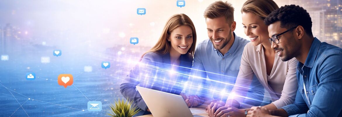 Grupo de jovens profissionais a trabalhar em equipa num computador portátil, rodeados por ícones digitais de comunicação como mensagens, e-mails e interações sociais, representando o relacionamento digital no marketing e a importância da comunicação no ambiente digital