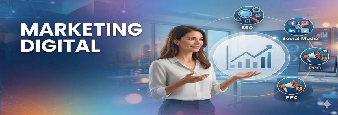 Banner digital com fundo em tons de azul e roxo. No lado esquerdo, o título 'MARKETING DIGITAL' em letras brancas grandes e sólidas. Ao centro, uma mulher sorridente veste uma camisa branca e gesticula para a direita, onde flutuam ícones circulares de SEO, Redes Sociais e PPC, além de um gráfico de linha ascendente dentro de um círculo brilhante.