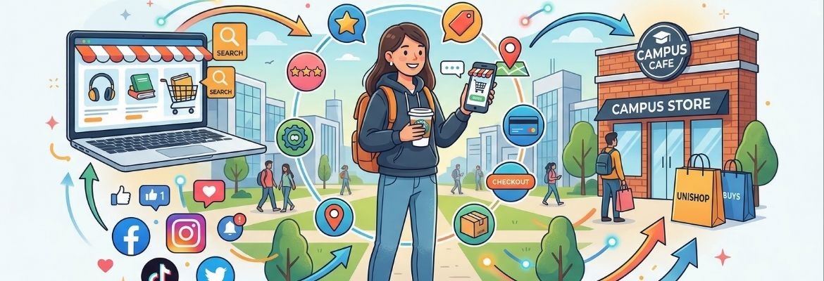 Ilustração colorida de uma estudante em um campus universitário usando um smartphone enquanto segura um café. Ao redor dela, há ícones e elementos que representam compras online e redes sociais (como curtidas, comentários e aplicativos), conectados por setas que indicam um fluxo digital. À esquerda, aparece um notebook exibindo uma loja virtual; à direita, prédios de um café e uma loja do campus com sacolas de compras. A cena sugere a integração entre experiência universitária, comércio digital e interação nas redes sociais.