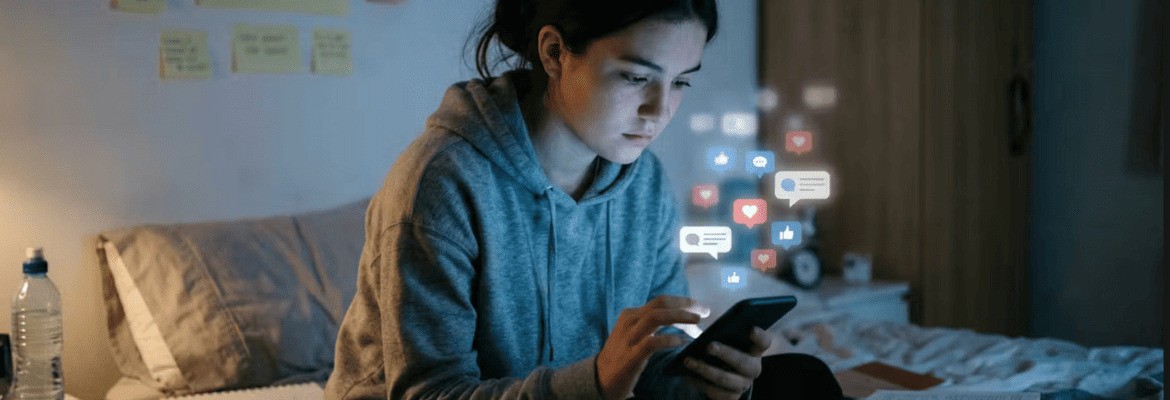 Jovem sentada na cama, num quarto com luz suave, concentrada no telemóvel enquanto ícones de redes sociais (gostos, comentários e notificações) aparecem à sua volta, sugerindo o uso intenso de plataformas digitais e a sua imersão no ambiente online.
