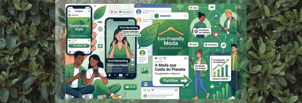 Ilustração de redes sociais e marketing viral aplicada à moda sustentável, com interação entre utilizadores, partilha de conteúdo e aumento da notoriedade de marca através do alcance orgânico.