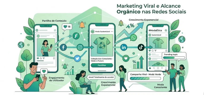 Ilustração de marketing viral nas redes sociais, com partilha de conteúdo e crescimento do alcance orgânico de uma marca de moda sustentável.