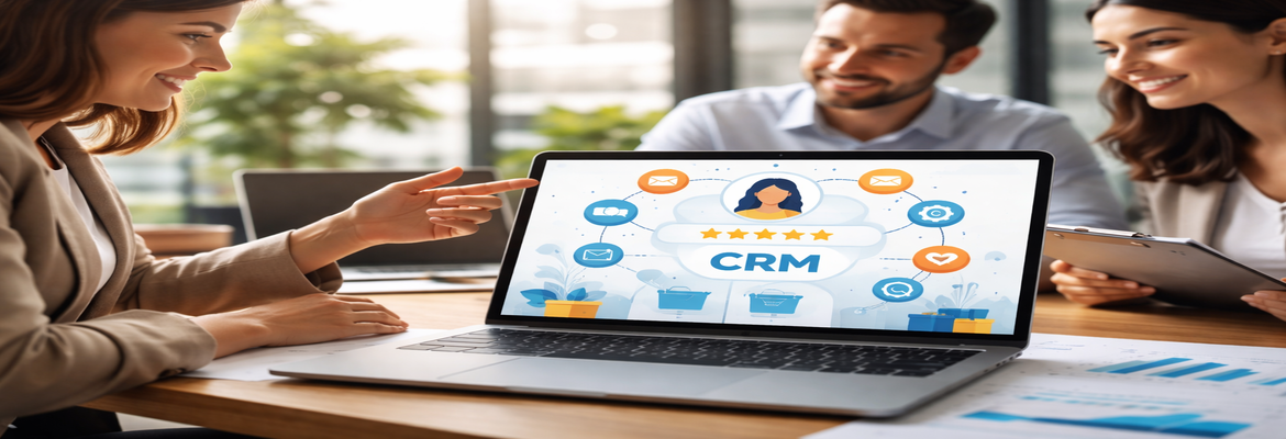 Profissionais de marketing analisam dados de CRM num portátil, discutindo estratégias de relacionamento com o consumidor num escritório moderno.